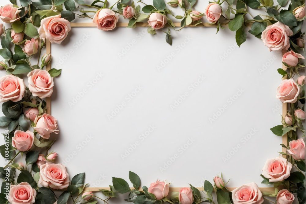 Charming Pink Roses Frame on Light Background for Anniversary or Love Card Charming Pink Roses Frame on Light Background for Anniversary or Love Card