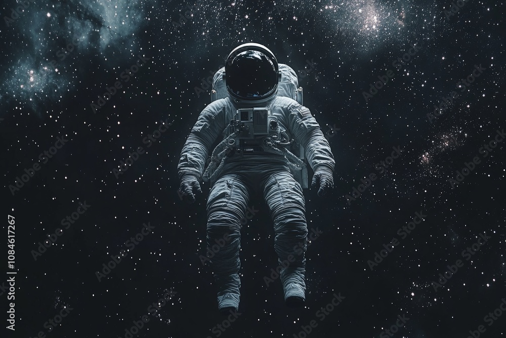 Fototapeta premium astronaut floating alone in a vast, dark universe, surrounded by twinkling stars