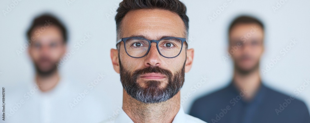 Portrait of a mature man with glasses and beard, standing in focus with two blurred figures in the background Portrait of a mature man with glasses and beard, standing in focus with two blurred figures in the background