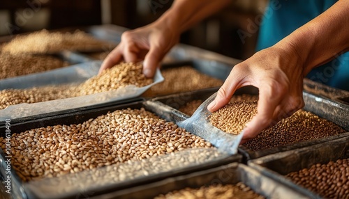 A closeup of hands packaging seeds for sale, Seed Production, Organized and vibrant photo