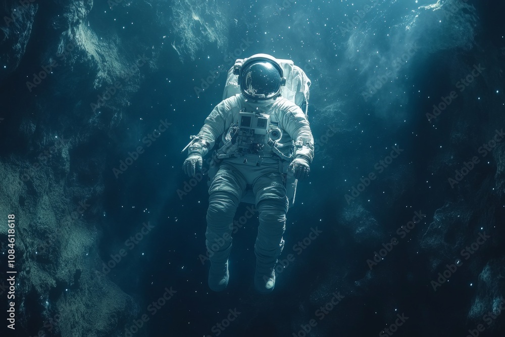 Fototapeta premium astronaut floating alone in a vast, dark universe, surrounded by twinkling stars