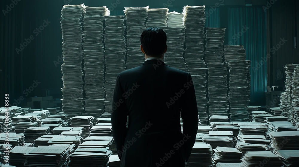 Man in suit standing amidst towering stacks of paper.. Man in suit standing amidst towering stacks of paper..