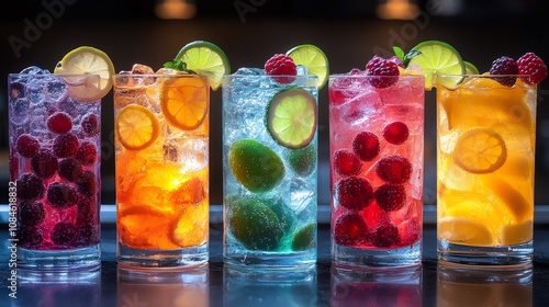 dry january mocktail bar, colorful fruit-infused sparkling water bar, adorned with lime, lemon, and berries, celebrates dry january in a vibrant scene