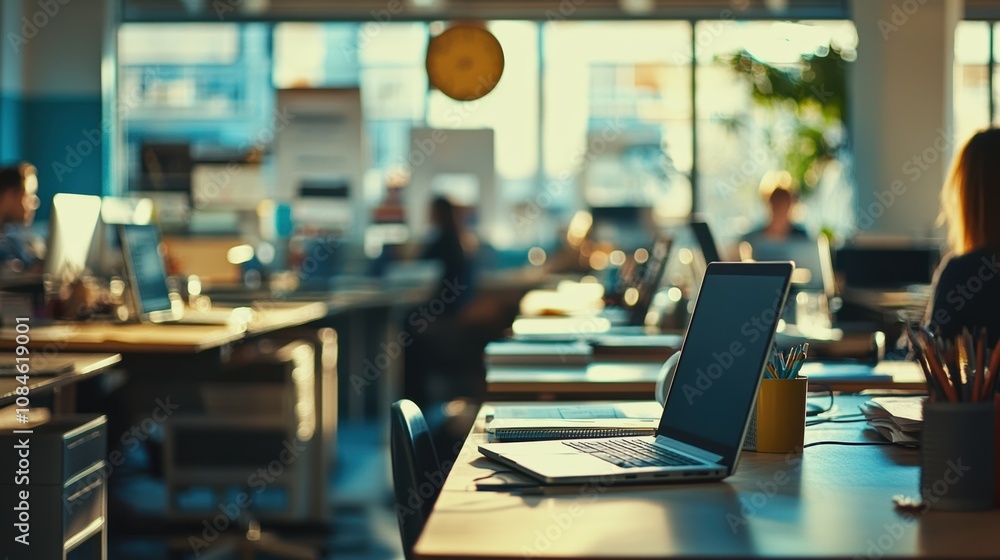 Office desks with laptops and supplies casual workspace background Office desks with laptops and supplies casual workspace background