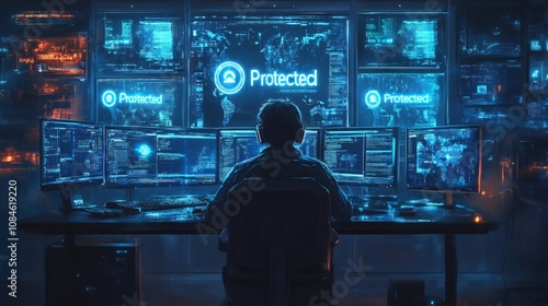 cybersecurity monitoring, individual at a desk with several screens showing data protected symbols, looking intently while managing cybersecurity