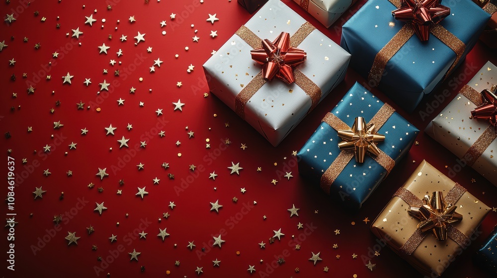 Holiday border of gift boxes and confetti on red background Holiday border of gift boxes and confetti on red background