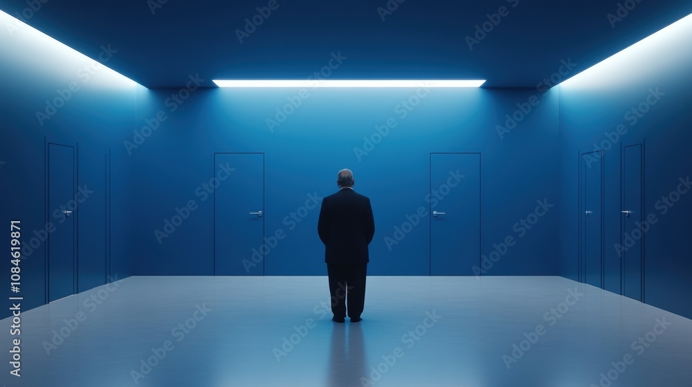 Man in a suit standing in a minimalistic blue room with doors. Man in a suit standing in a minimalistic blue room with doors.