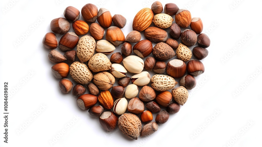 A heart shape formed using a variety of nuts, including almonds, cashews, walnuts, and hazelnuts, arranged neatly on a white background. A heart shape formed using a variety of nuts, including almonds, cashews, walnuts, and hazelnuts, arranged neatly on a white background.