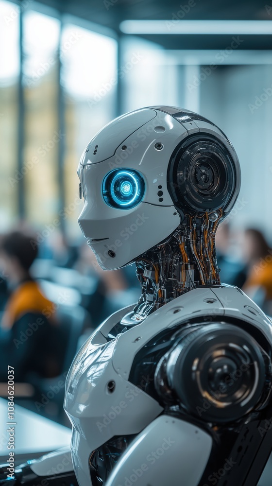 Humanoid ai robot instructor in minimalist classroom setting Humanoid ai robot instructor in minimalist classroom setting