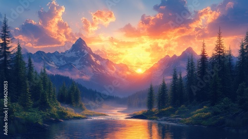 A breathtaking sunset over a mountain range, casting a warm glow on a river that winds its way through a forest of tall pine trees.