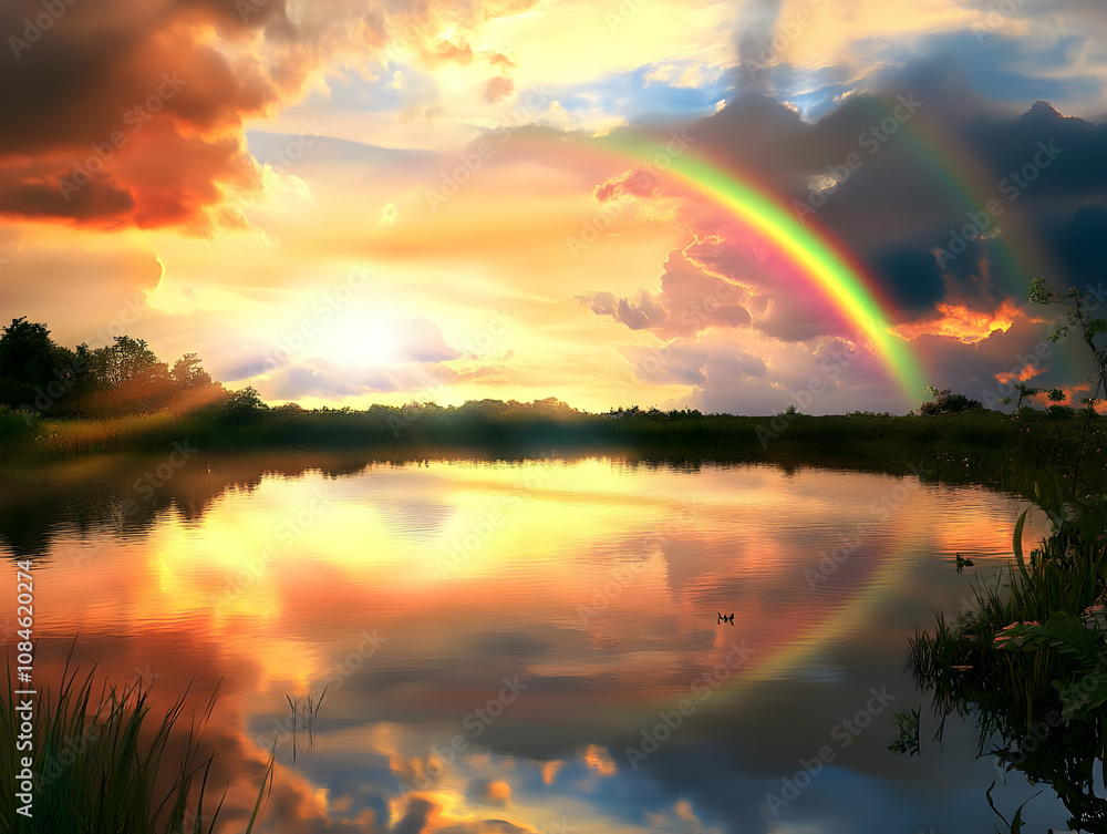 A serene sunset landscape with a rainbow reflected on a calm lake. A serene sunset landscape with a rainbow reflected on a calm lake.