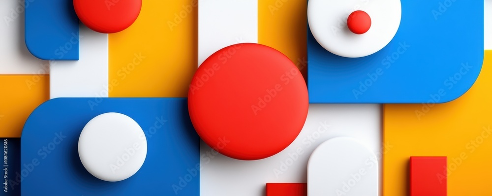 Obraz premium Abstract geometric composition with colorful circles and rectangles in red, blue, white, and yellow.