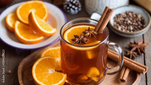 Hot Mulled Cider with Orange Slices and Spices, Festive Holiday Beverage Display