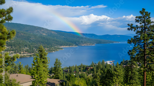 A scenic view of a lake surrounded by mountains and a rainbow, showcasing natural beauty.