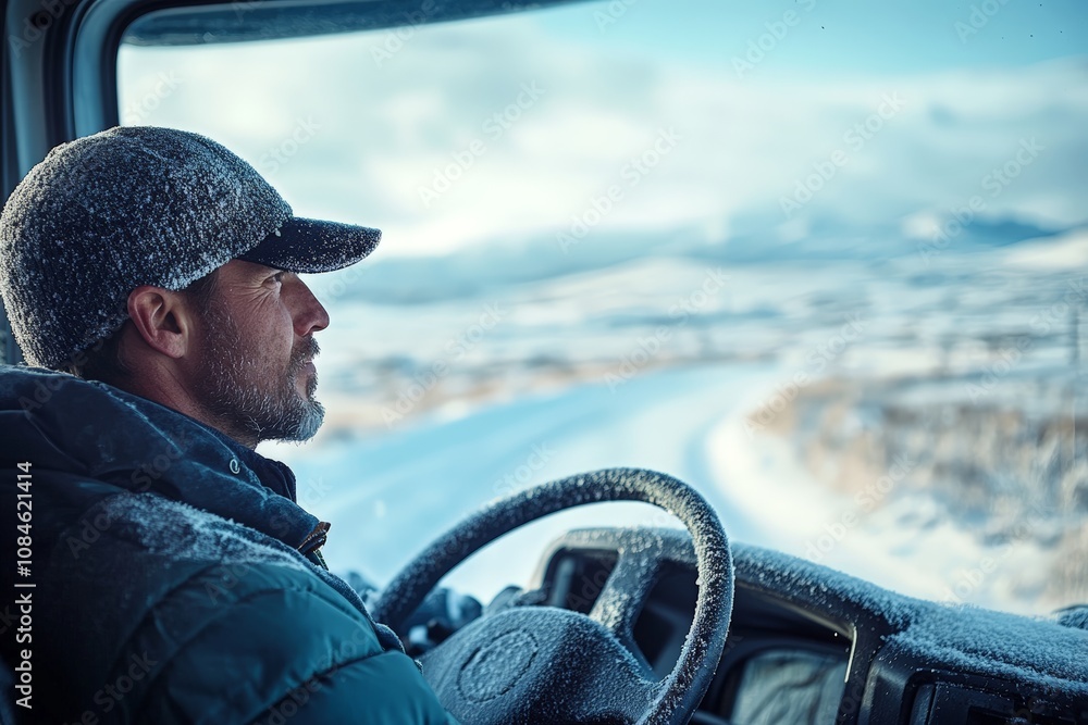 truck driver driving a truck through a snowy landscape