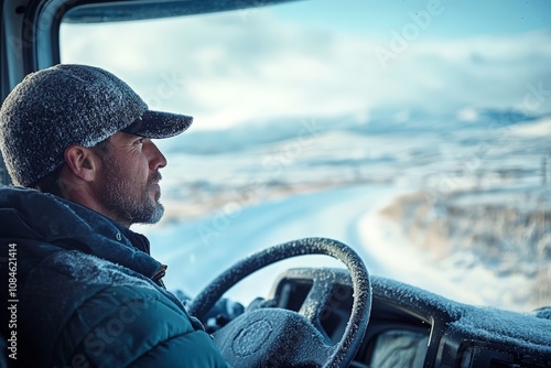 Obraz na płótnie truck driver driving a truck through a snowy landscape w salonie