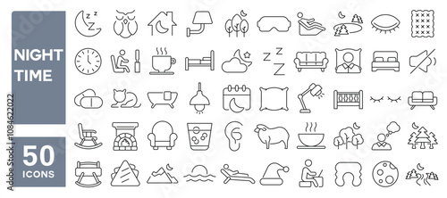 Set of 50 line icons related to night time, bedtime, sleep, home, insomnia, tv, dinner, relax, quiet, bedding, rest, Editable stroke. Vector illustration