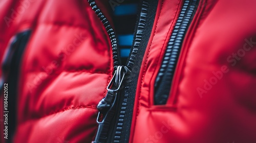 Open zipper on a red winter jacket, showing stylish winter wear. photo