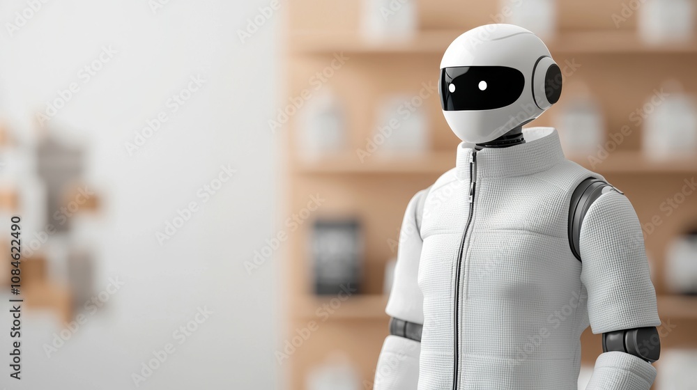 Futuristic humanoid robot in white suit standing indoors with blurred modern background. Futuristic humanoid robot in white suit standing indoors with blurred modern background.
