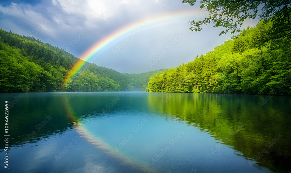 A serene lake scene with a vibrant rainbow arching over lush green forests. A serene lake scene with a vibrant rainbow arching over lush green forests.
