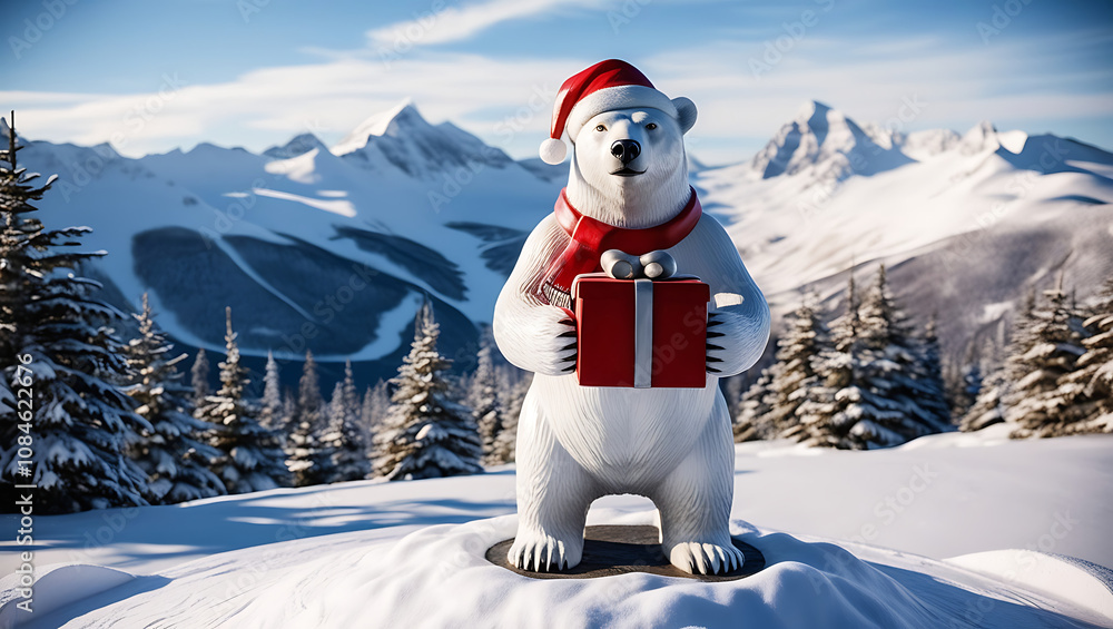 Obraz premium Polar bear in Santa hat holds gift, snowy mountain backdrop.