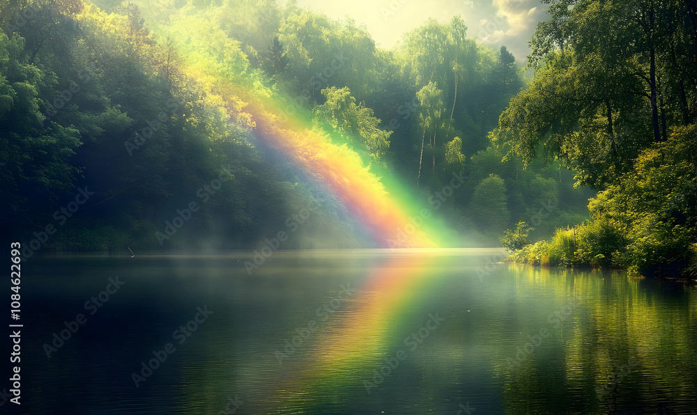 A serene landscape featuring a rainbow arching over a calm lake surrounded by lush greenery. A serene landscape featuring a rainbow arching over a calm lake surrounded by lush greenery.