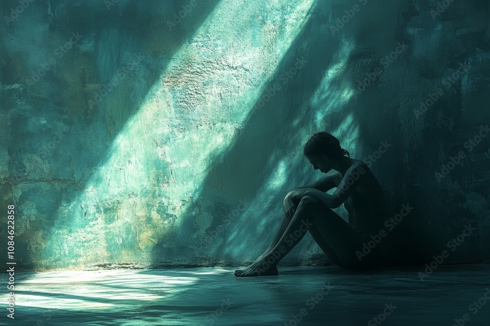 Fototapeta premium figure sitting alone in a corner, surrounded by shadows, symbolizing the emotional isolation domestic violence