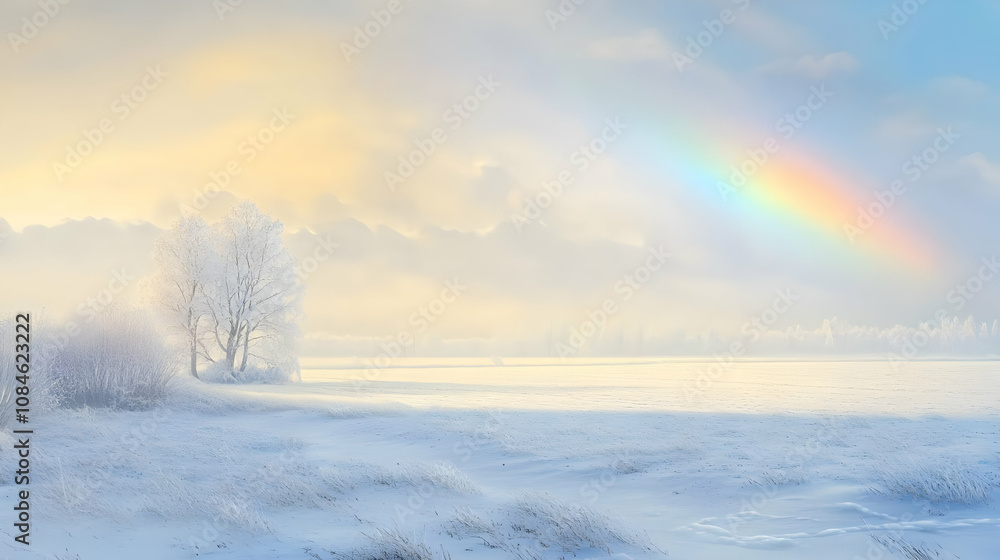 A serene winter landscape featuring snow, trees, and a soft rainbow in the sky. A serene winter landscape featuring snow, trees, and a soft rainbow in the sky.