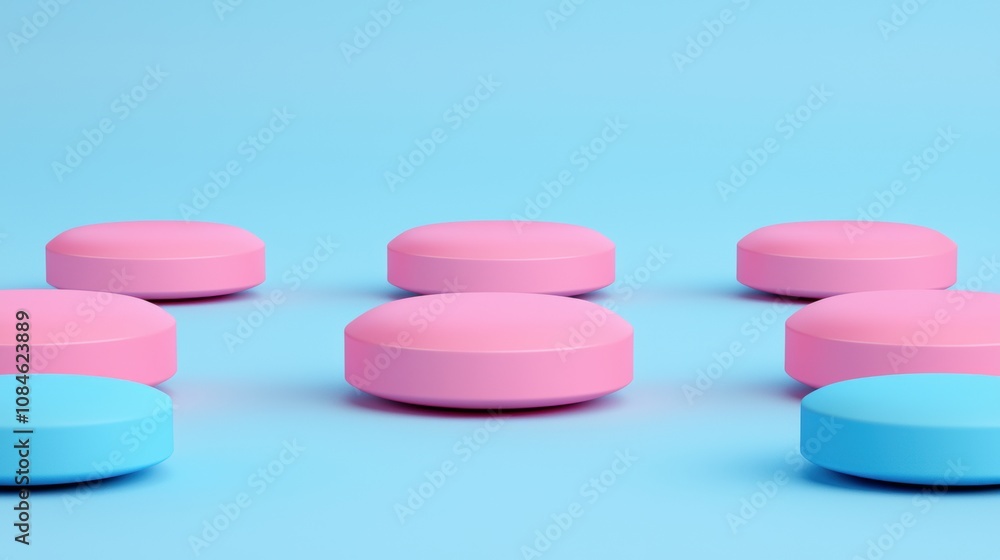 Pink and blue round objects arranged on pastel blue background. Minimalistic 3D composition. Pink and blue round objects arranged on pastel blue background. Minimalistic 3D composition.