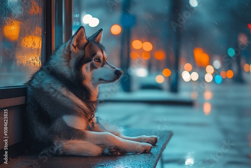 heartbreaking scene of a dog waiting for its owner at the bus stop photo