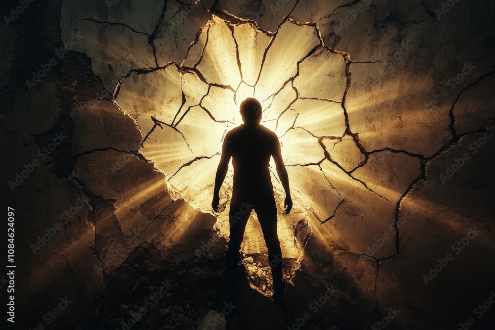 powerful silhouette of an individual breaking through a wall, with rays of light