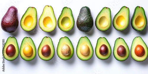 Whole and Halved Avocados with Seeds in a Row photo