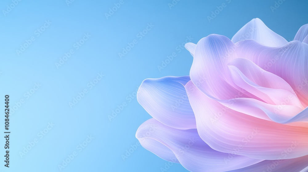 Soft and translucent 3D flower petals in pink and purple hues on a gradient blue background. Soft and translucent 3D flower petals in pink and purple hues on a gradient blue background.