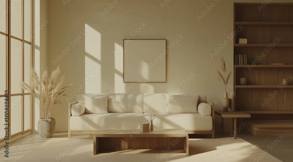 Modern interior japandi style design living room, minimalism, Generative AI Modern interior japandi style design living room, minimalism, Generative AI