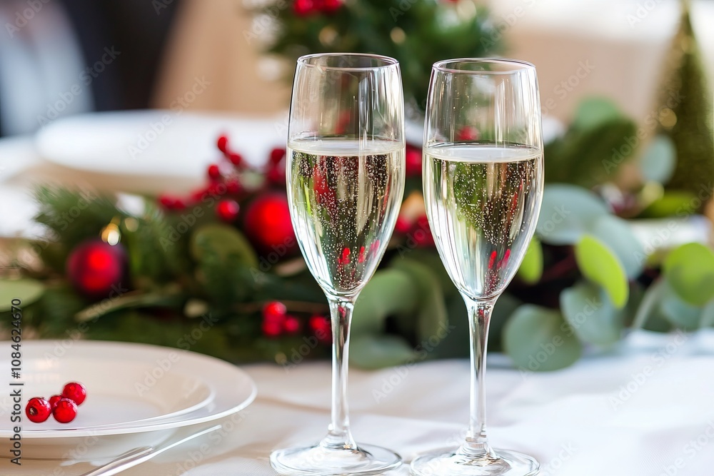 Two elegant champagne glasses placed on a table adorned with a festive Christmas wreath. Two elegant champagne glasses placed on a table adorned with a festive Christmas wreath.