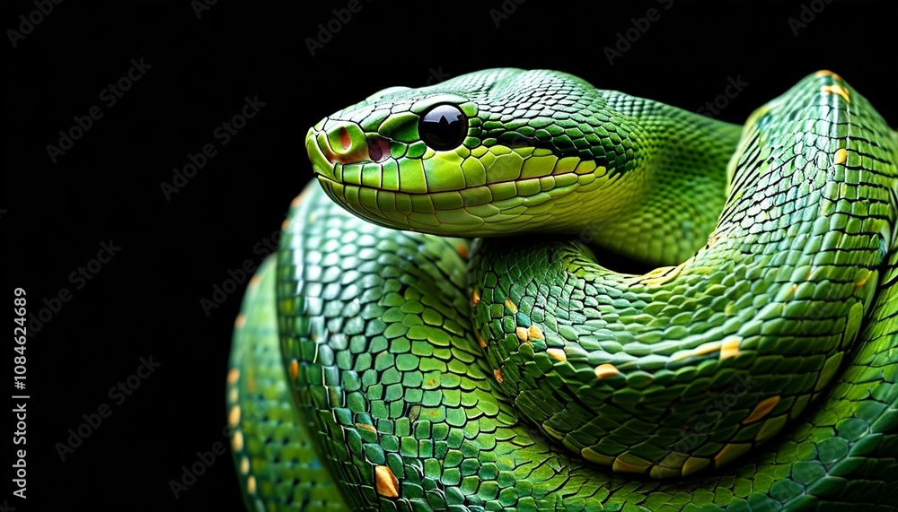A green snake coiled with a sharp focus on its textured scales and striking eyes. A green snake coiled with a sharp focus on its textured scales and striking eyes.
