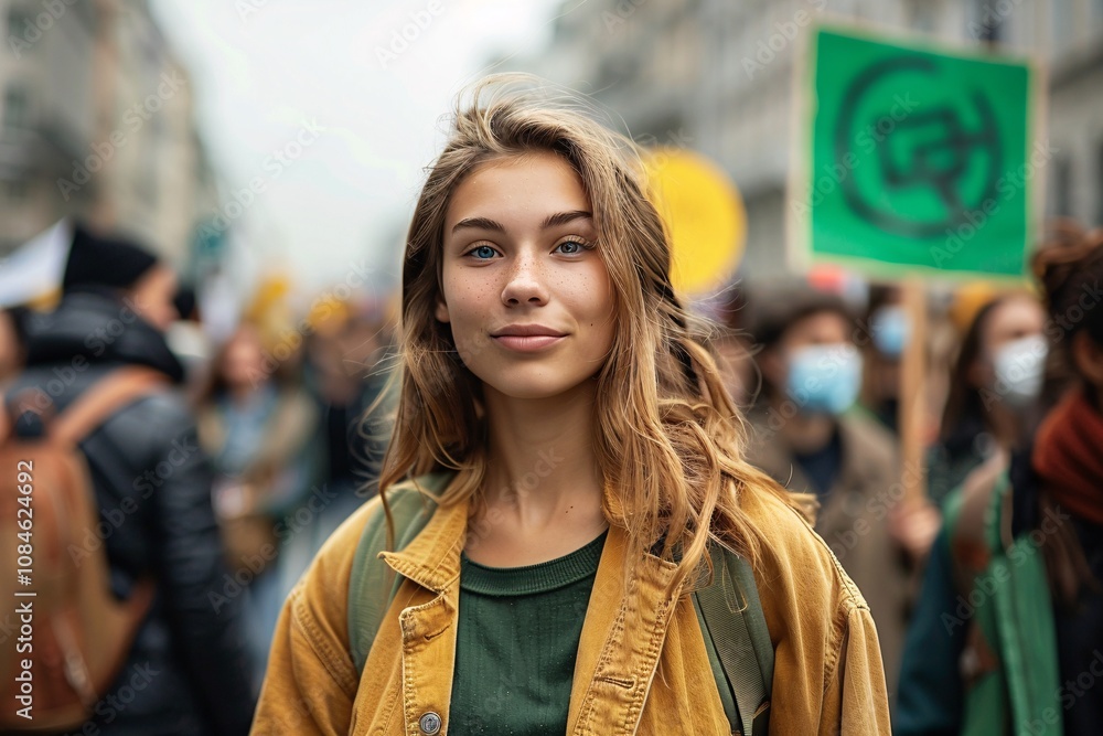 A young woman with long blonde hair smiles as she stands at the forefront of a crowd engaged in a peaceful protest A young woman with long blonde hair smiles as she stands at the forefront of a crowd engaged in a peaceful protest