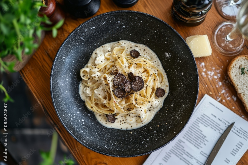 magazine cover featuring a luxurious pasta dish with truffles and cream