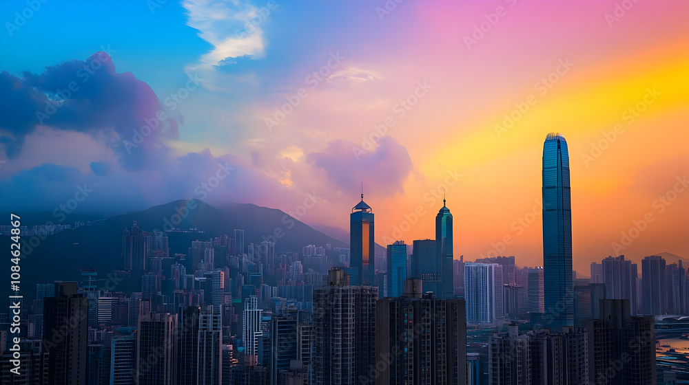 Fototapeta premium A vibrant sunset over a city skyline, showcasing modern architecture and natural beauty.