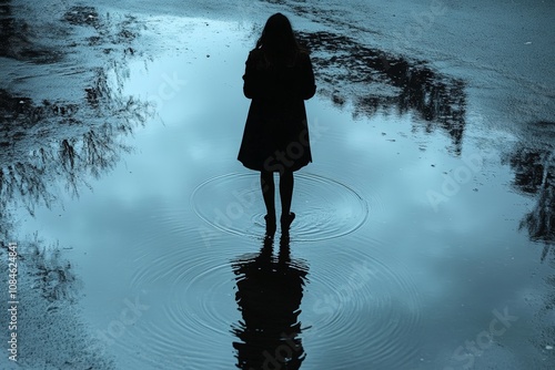 solitary figure standing in the rain, looking at their reflection in a puddle, where the reflection appears distorted, symbolizing feelings of displacement and despair