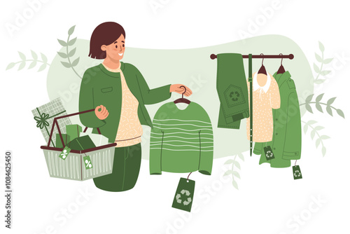 Shopping. Eco friendly clothing sustainable fashion. Woman buying fashionable sweater. Hanger with various clothes made from recycled material textile. Vector illustration. Conscious female shopper.