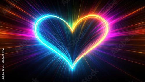 Vibrant abstract neon light heart on black