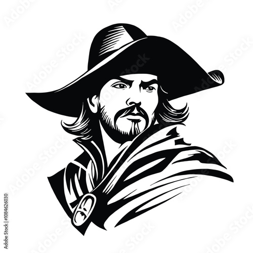 Simple vector logo of the dashing musketeer, white background, simple shapes and lines, no color, black only