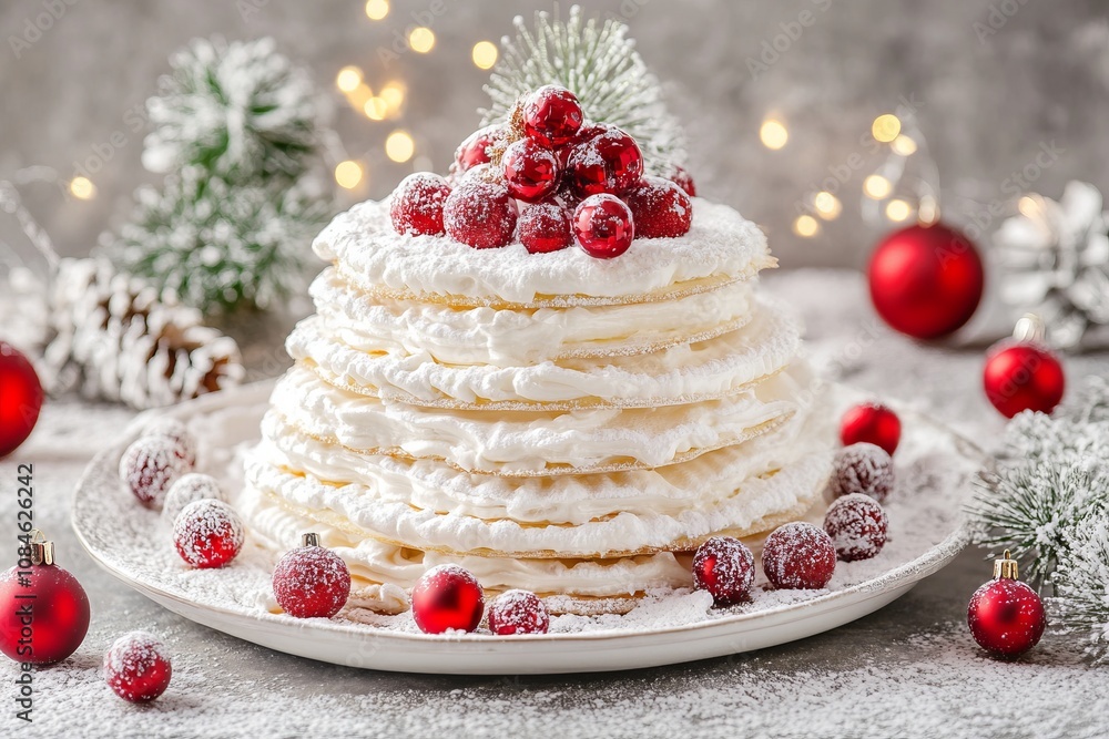 A festive white cake with cranberries and frosting on a plate. A festive white cake with cranberries and frosting on a plate.