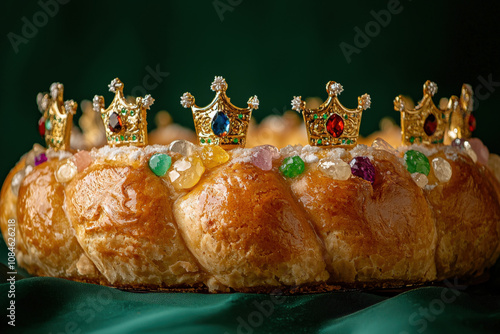 Golden Roscón de Reyes crowned with miniature royal crowns and vibrant candied fruits, displayed on a rich green background. Perfect for holiday menus, blogs, or cultural festive promotions