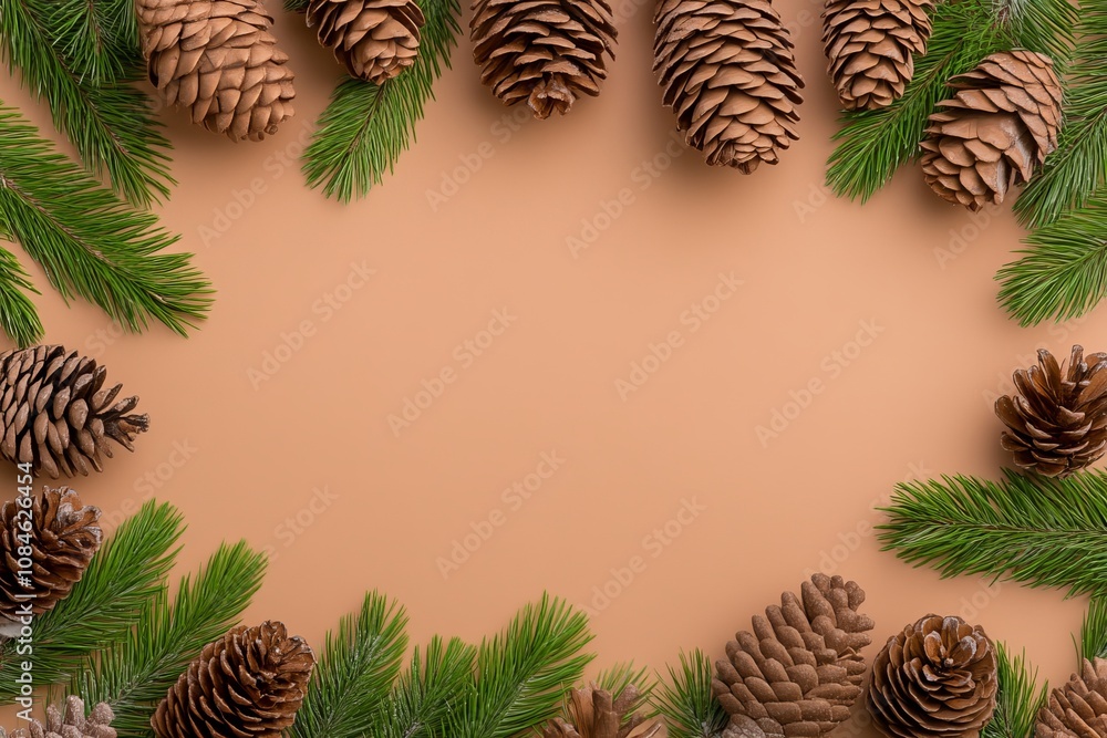 Naklejka premium Detailed close-up of pine cones and branches on rustic brown backdrop.