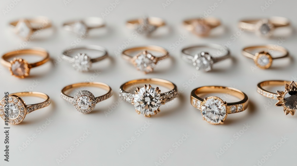 A collection of 15 diamond engagement rings in various styles and metals, including gold and platinum. The rings are arranged in rows on a white surface. A collection of 15 diamond engagement rings in various styles and metals, including gold and platinum. The rings are arranged in rows on a white surface.