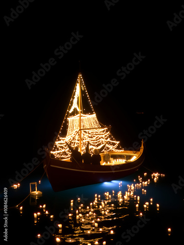 Stella Maris traditional celebration. During the night when thousands of tiny lit candles are left on the water from the boats or from the beach in Camogli, Genoa (Genova) province, Italy. photo