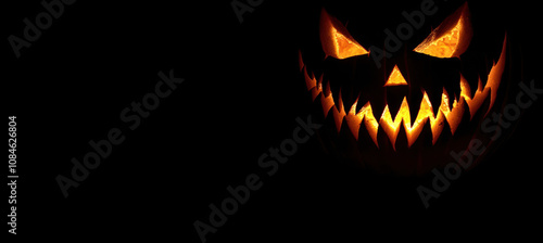 Halloween pumpkin with fangs on black background