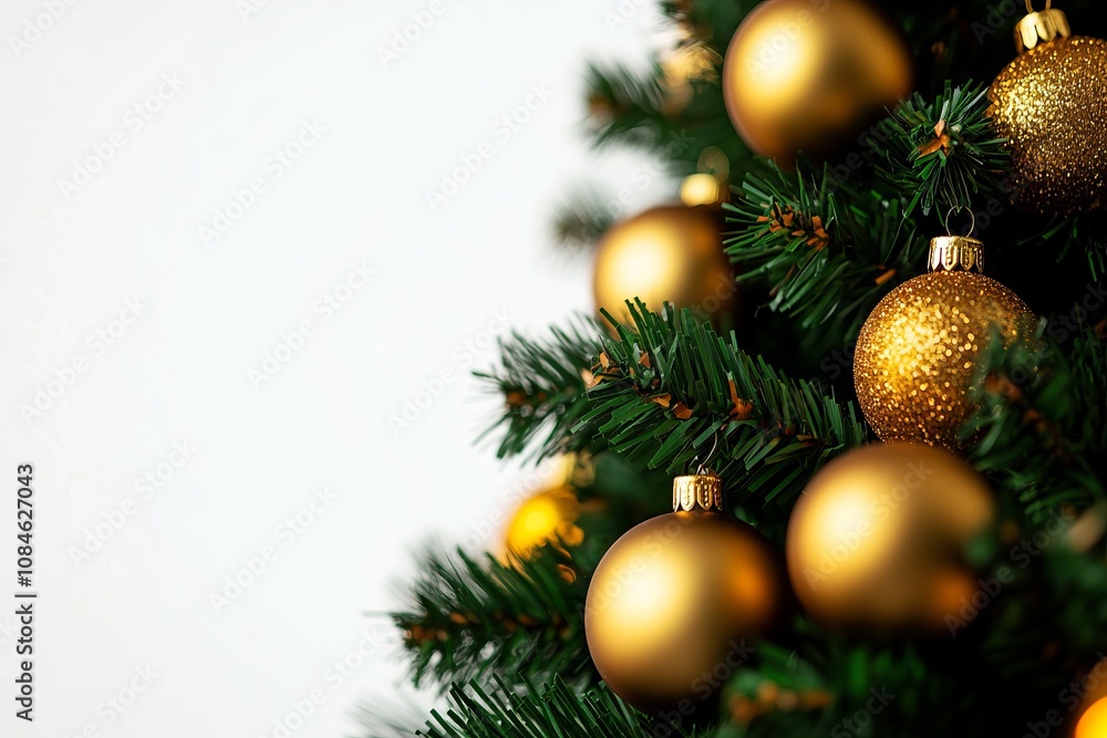 A festive Christmas tree adorned with shimmering gold ornaments against a clean white backdrop. A festive Christmas tree adorned with shimmering gold ornaments against a clean white backdrop.